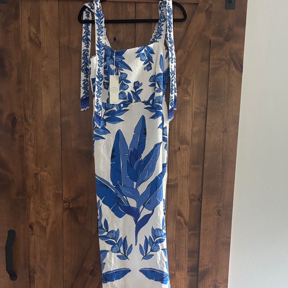 Calypso St. Barth White Maxi Dress with Blue Tropical Print